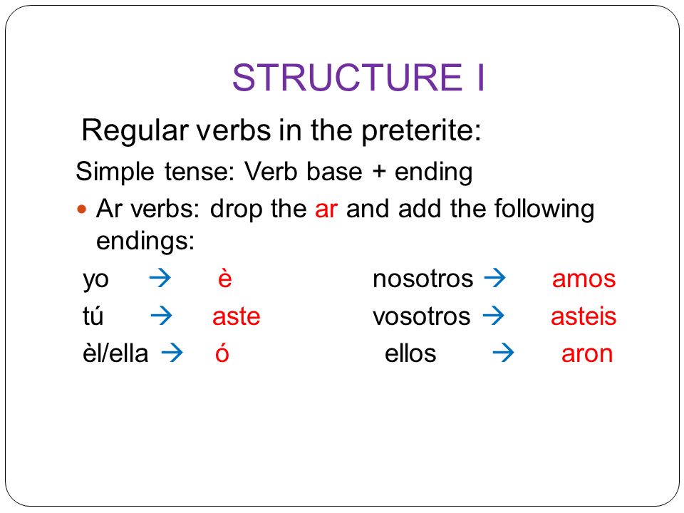 STRUCTURE I Simple tense: Verb base + ending