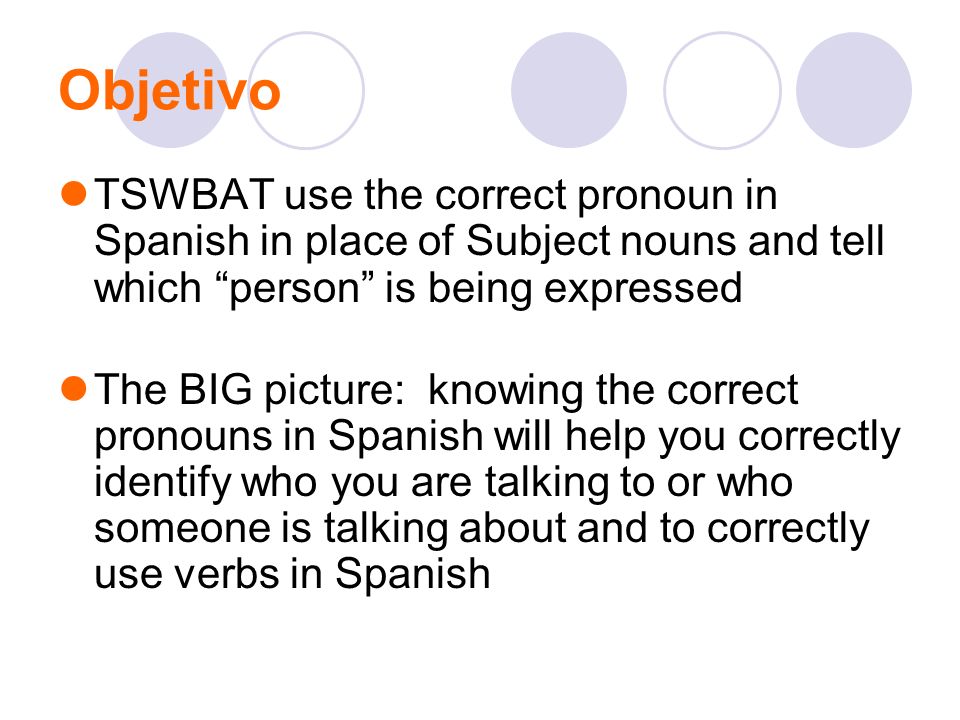 Objetivo TSWBAT use the correct pronoun in Spanish in place of Subject nouns and tell which person is being expressed.