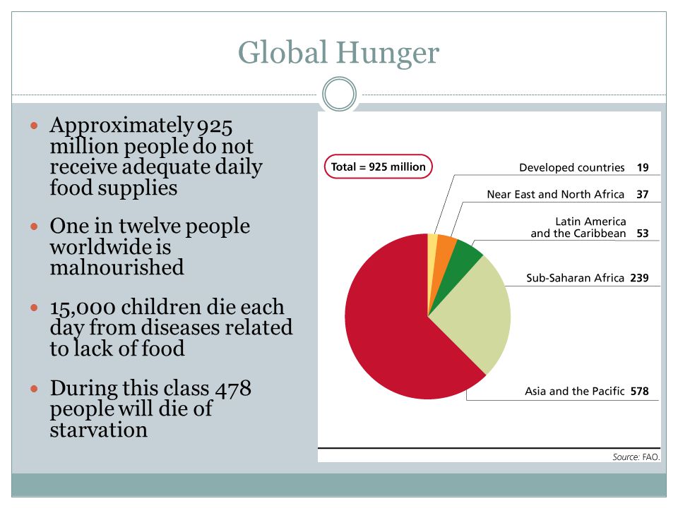 Global Hunger Approximately 925 million people do not receive adequate daily food supplies. One in twelve people worldwide is malnourished.