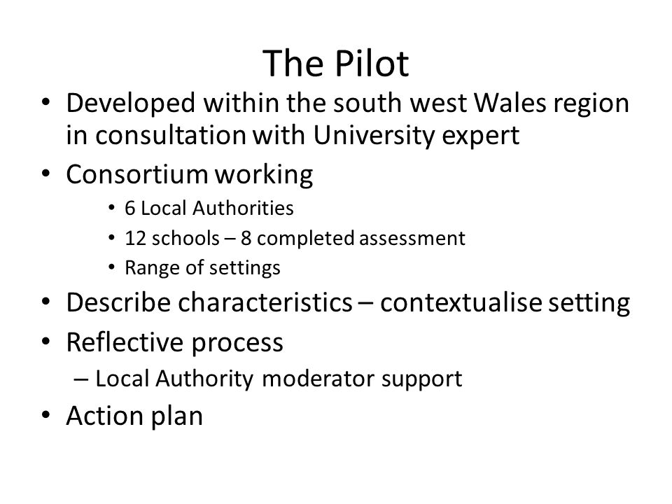 The Pilot Developed within the south west Wales region in consultation with University expert. Consortium working.