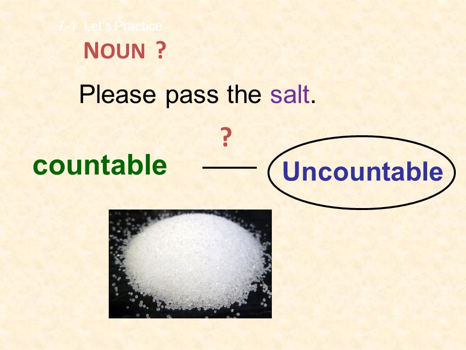 countable Uncountable NOUN Please pass the salt.