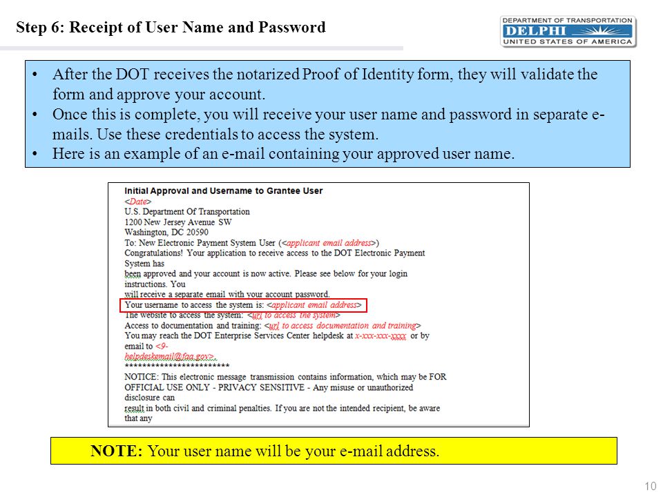 Step 6: Receipt of User Name and Password