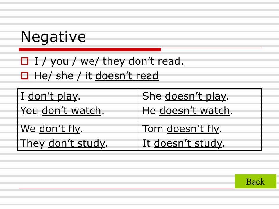 Negative I / you / we/ they don’t read. He/ she / it doesn’t read
