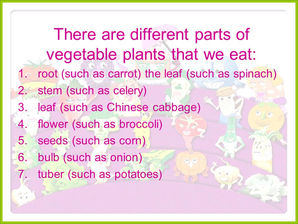 There are different parts of vegetable plants that we eat: