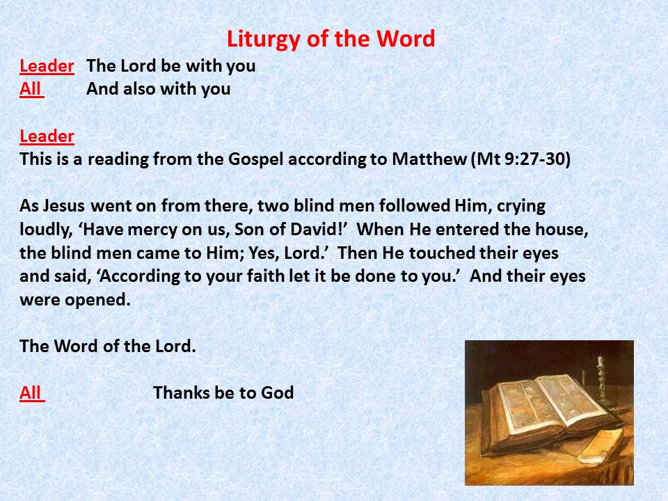Liturgy of the Word Leader The Lord be with you All And also with you