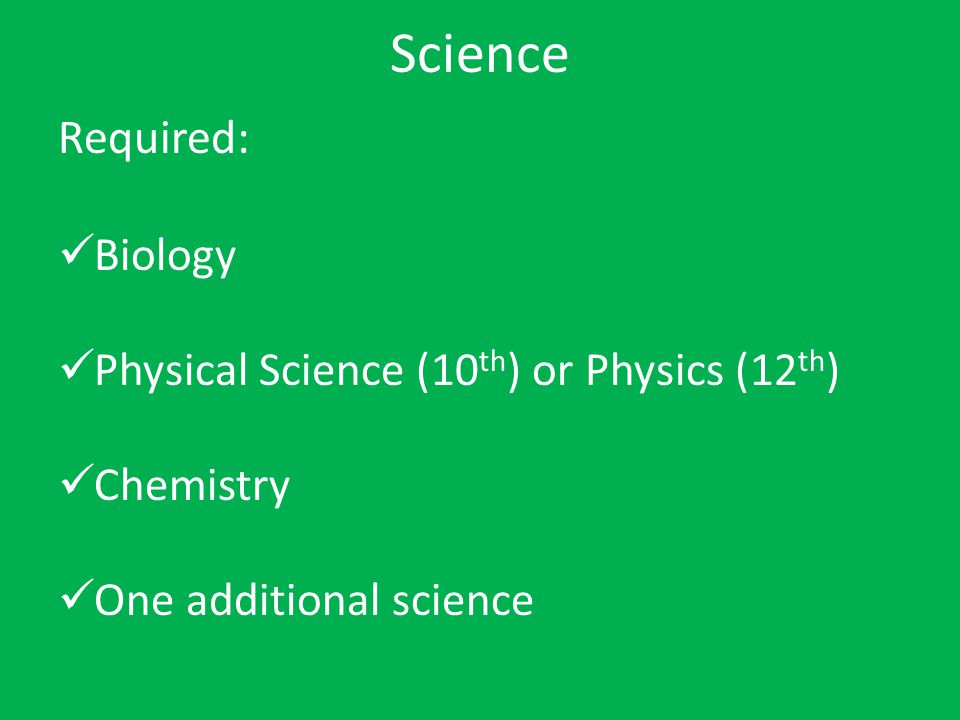Science Required: Biology Physical Science (10th) or Physics (12th)
