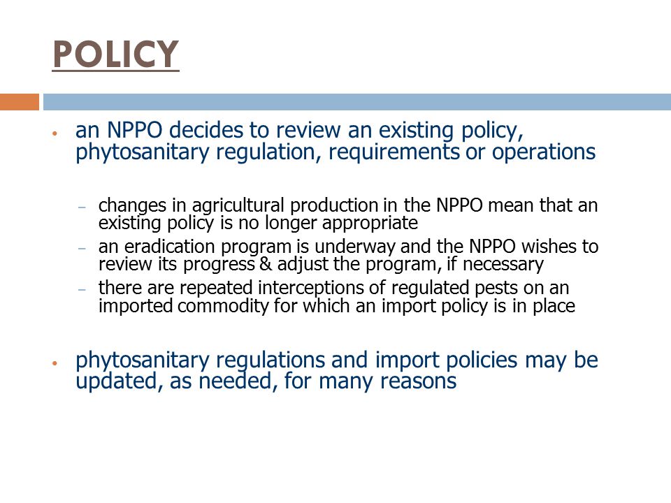 POLICY an NPPO decides to review an existing policy, phytosanitary regulation, requirements or operations.