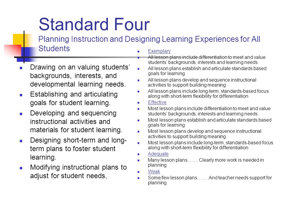 Standard Four Planning Instruction and Designing Learning Experiences for All Students