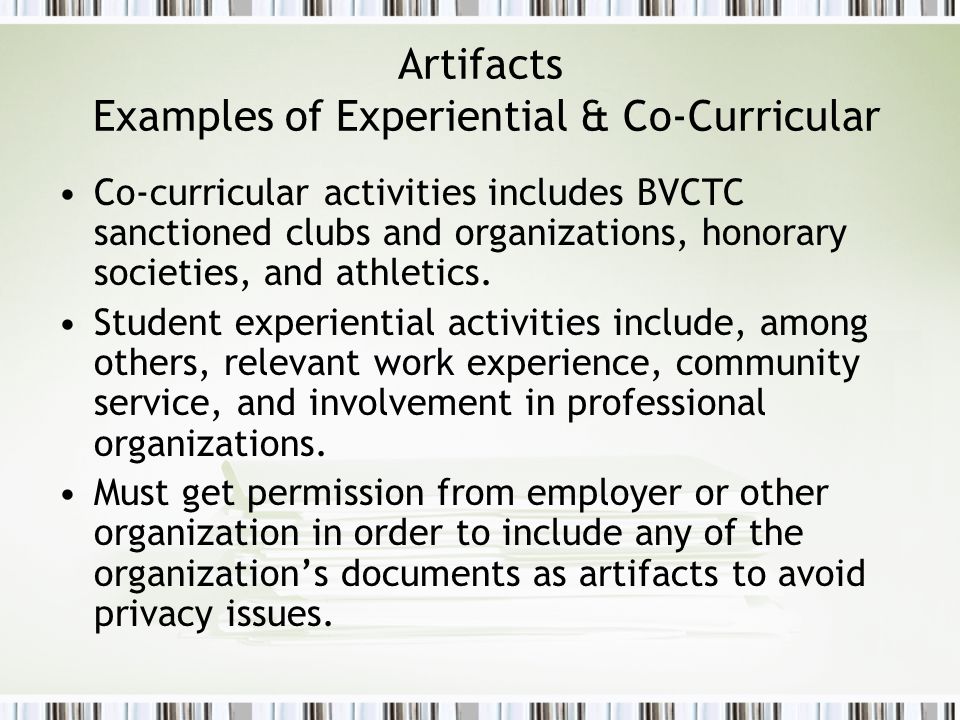 Artifacts Examples of Experiential & Co-Curricular