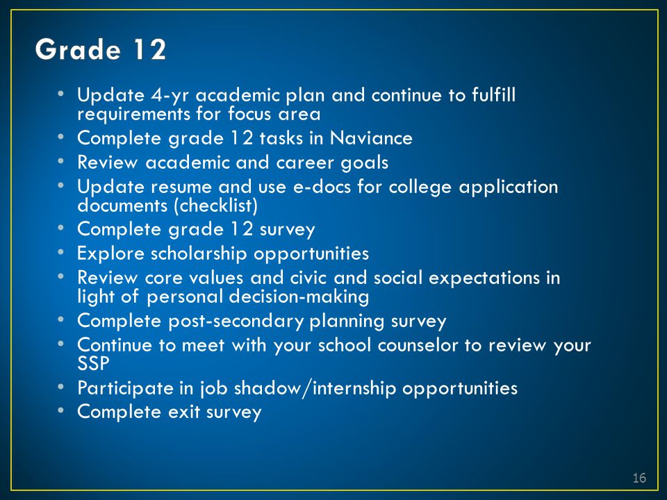 Grade 12 Update 4-yr academic plan and continue to fulfill requirements for focus area. Complete grade 12 tasks in Naviance.