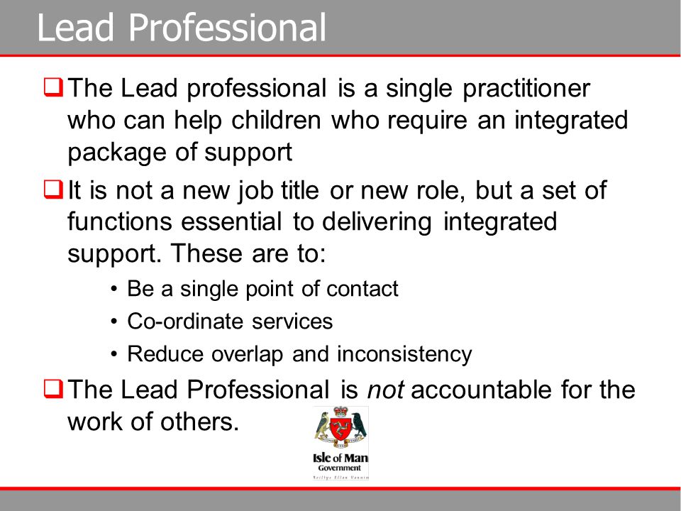 Lead Professional The Lead professional is a single practitioner who can help children who require an integrated package of support.