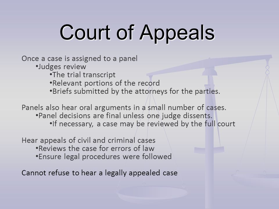 Court of Appeals Once a case is assigned to a panel Judges review