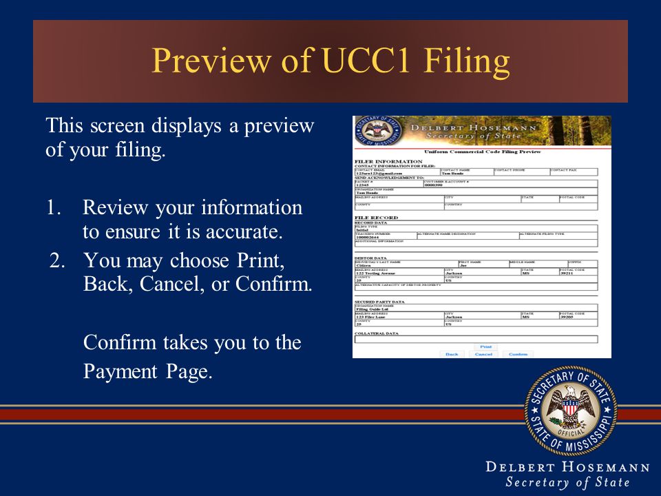 This screen displays a preview of your filing.