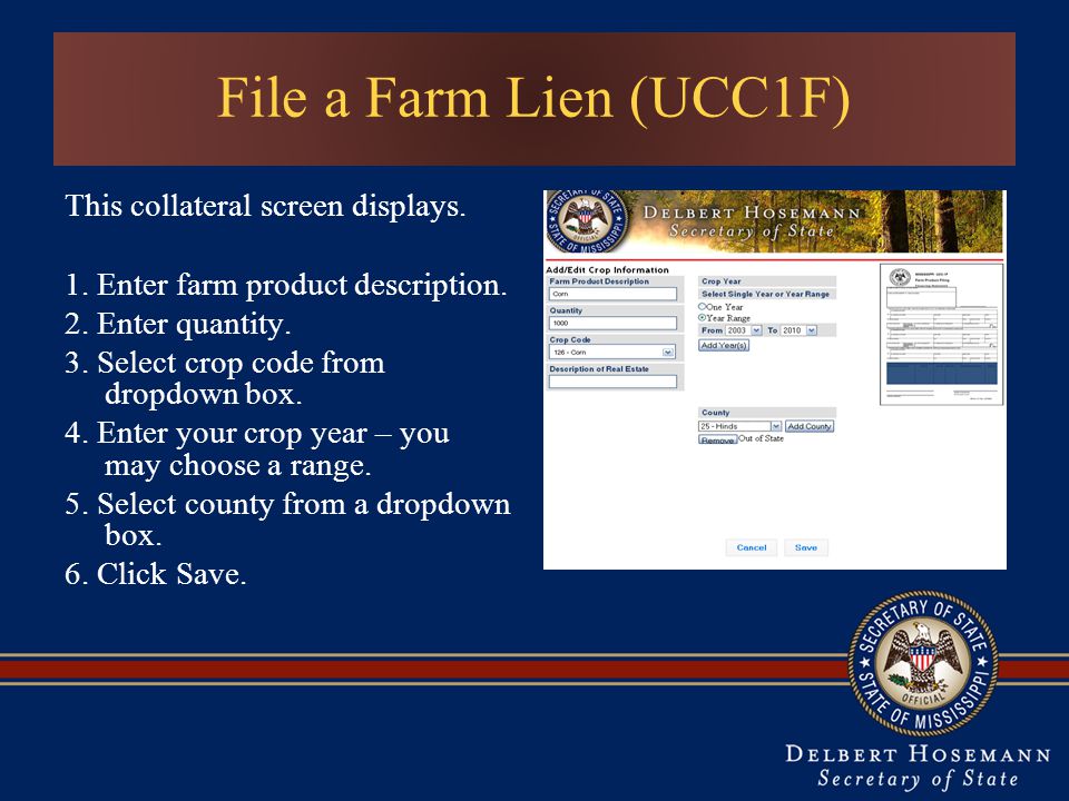 This collateral screen displays. 1. Enter farm product description.