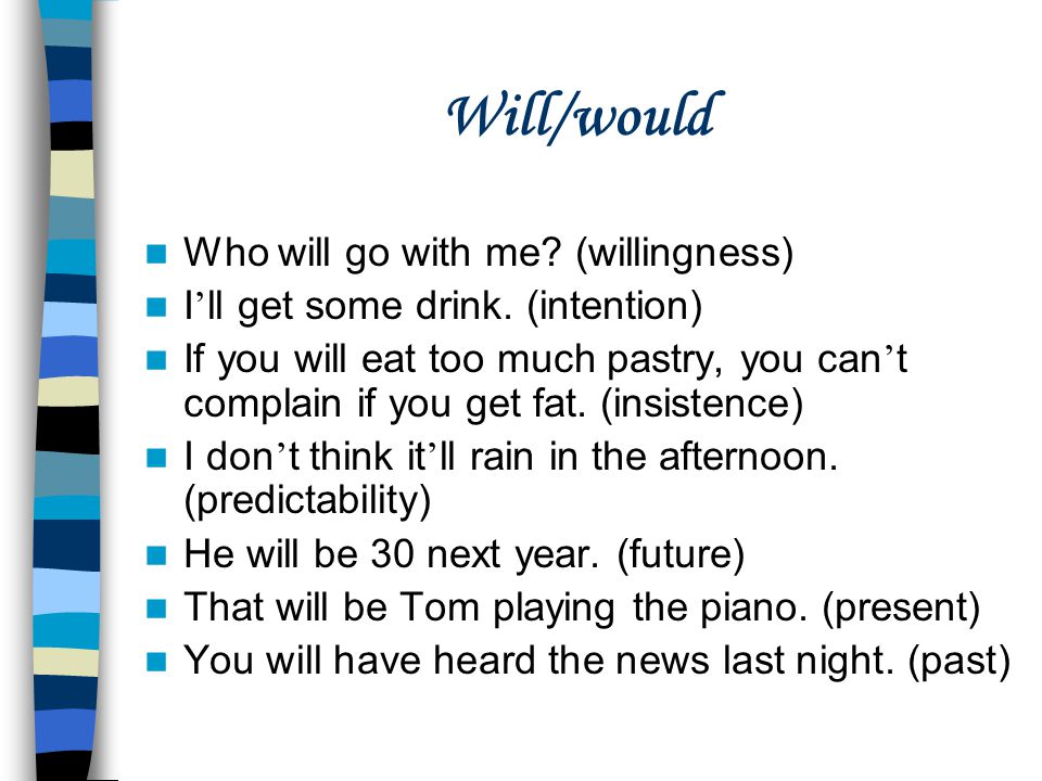 Will/would Who will go with me (willingness)