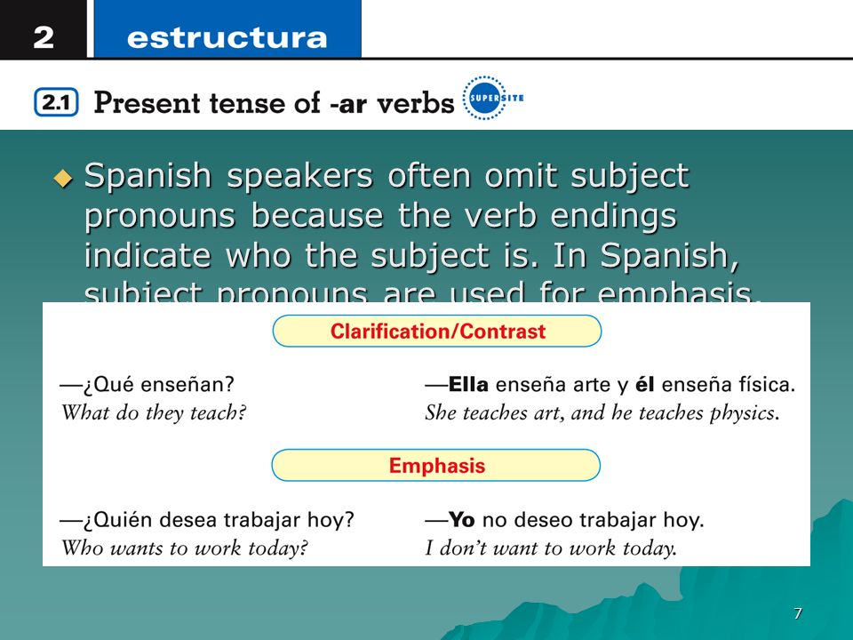 Spanish speakers often omit subject pronouns because the verb endings indicate who the subject is.