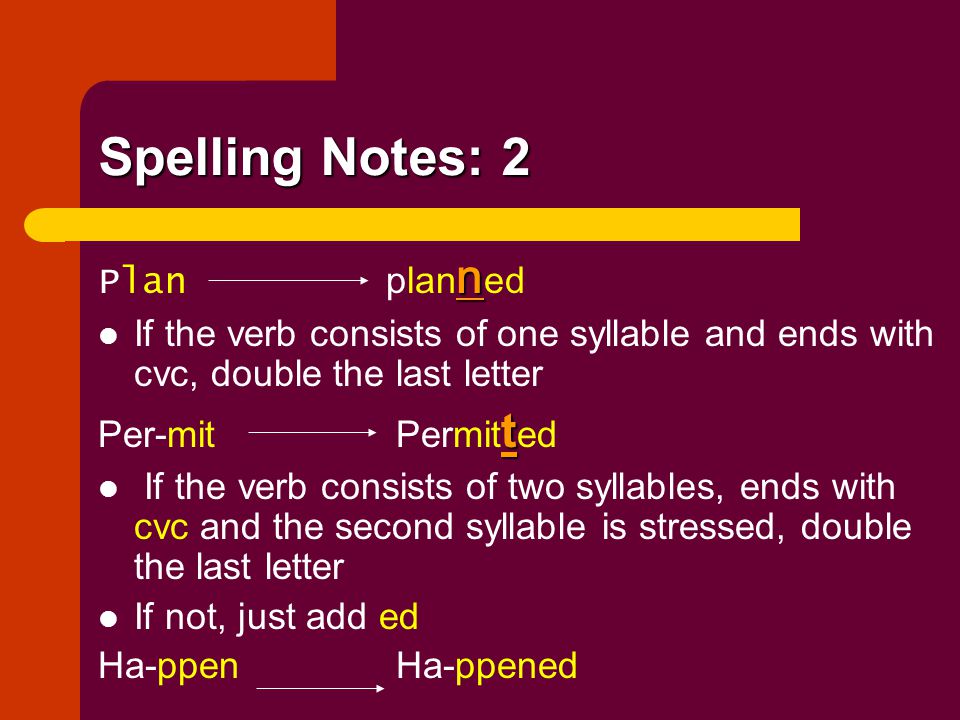 Spelling Notes: 2 Plan planned