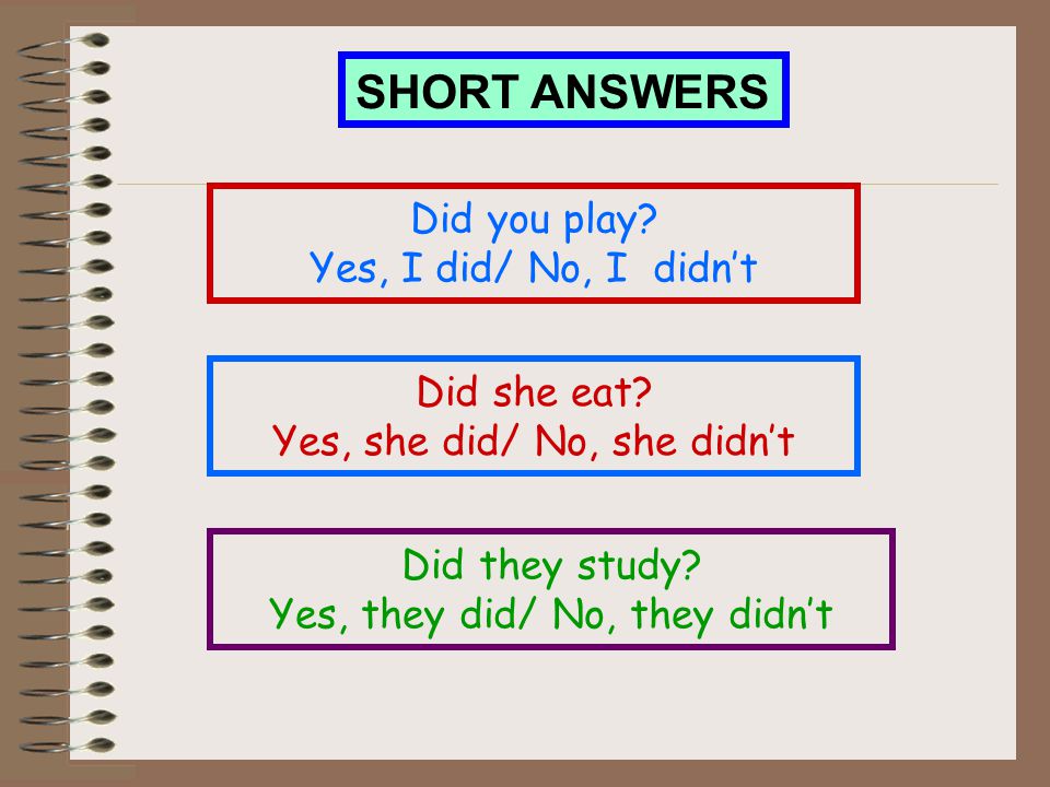 SHORT ANSWERS Did you play Yes, I did/ No, I didn’t Did she eat