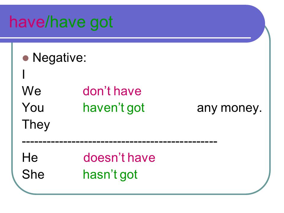have/have got Negative: I We don’t have You haven’t got any money.