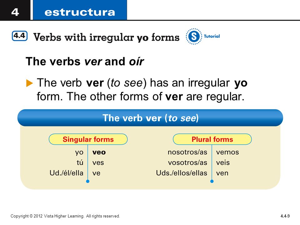 The verbs ver and oír The verb ver (to see) has an irregular yo form. The other forms of ver are regular.