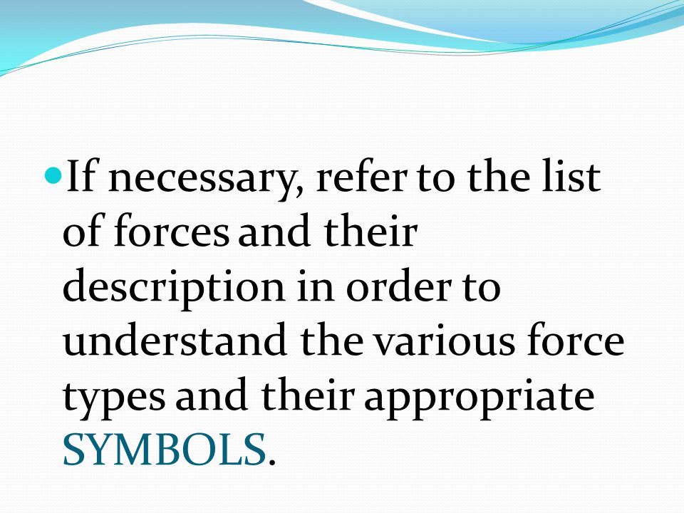 If necessary, refer to the list of forces and their description in order to understand the various force types and their appropriate SYMBOLS.