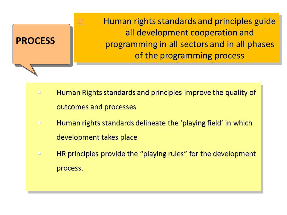 2) Human rights standards and principles guide all development cooperation and programming in all sectors and in all phases of the programming process