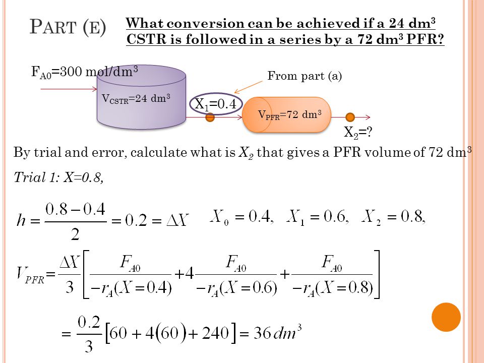 Part (e) What conversion can be achieved if a 24 dm3 CSTR is followed in a series by a 72 dm3 PFR FA0=300 mol/dm3.