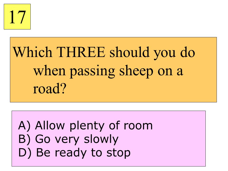 Which THREE should you do when passing sheep on a road