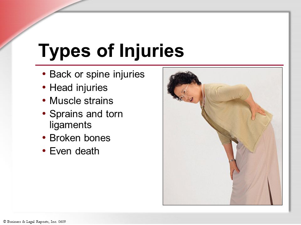 Types of Injuries Back or spine injuries Head injuries Muscle strains