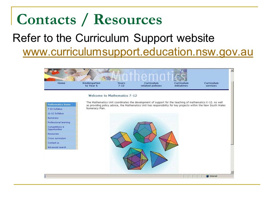 Contacts / Resources Refer to the Curriculum Support website