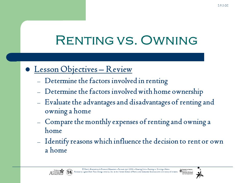 Renting vs. Owning Lesson Objectives – Review