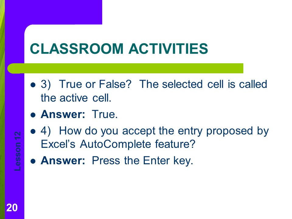 CLASSROOM ACTIVITIES 3) True or False The selected cell is called the active cell. Answer: True.