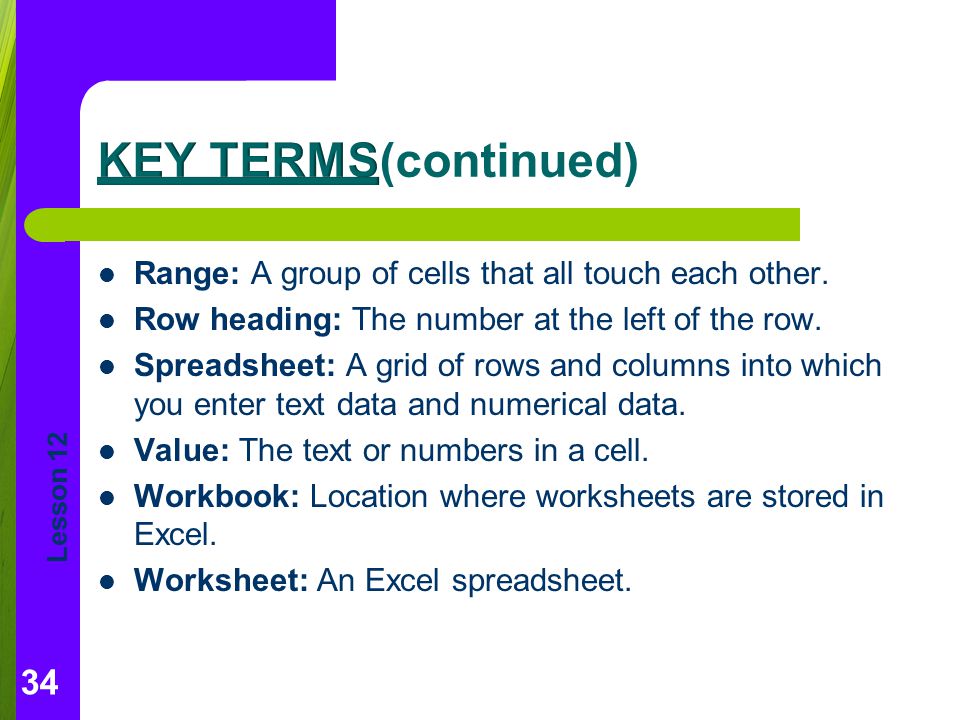 Key Terms(continued) Range: A group of cells that all touch each other. Row heading: The number at the left of the row.