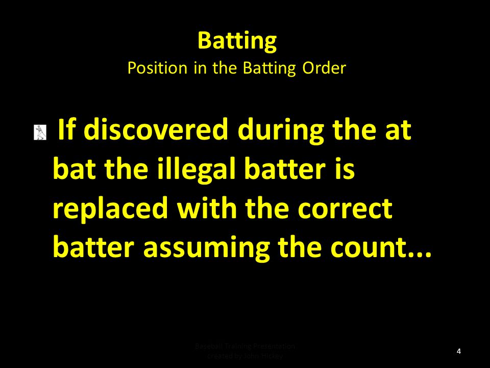 Batting Position in the Batting Order. If discovered during the at bat the illegal batter is replaced with the correct batter assuming the count...
