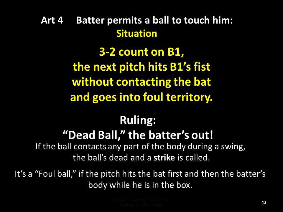 the next pitch hits B1’s fist without contacting the bat