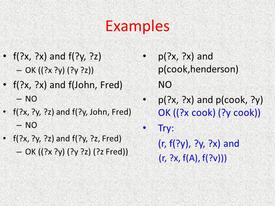 Examples f( x, x) and f( y, z) f( x, x) and f(John, Fred)