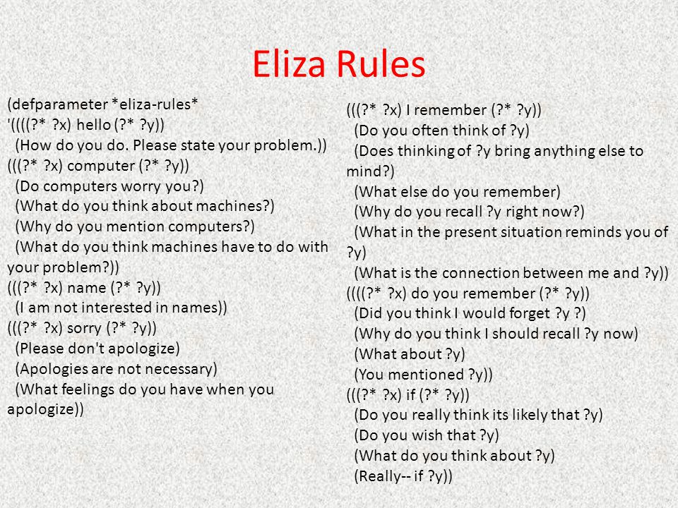 Eliza Rules (defparameter *eliza-rules* ((( * x) I remember ( * y))