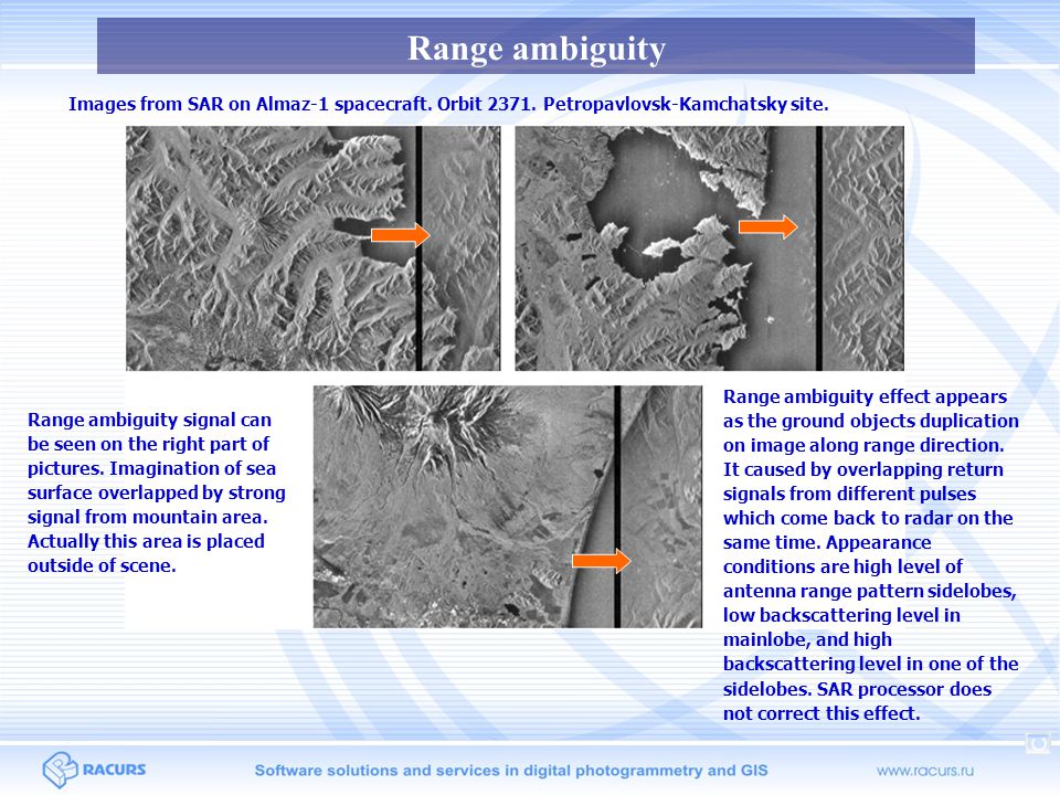 Range ambiguity Images from SAR on Almaz-1 spacecraft. Orbit Petropavlovsk-Kamchatsky site.