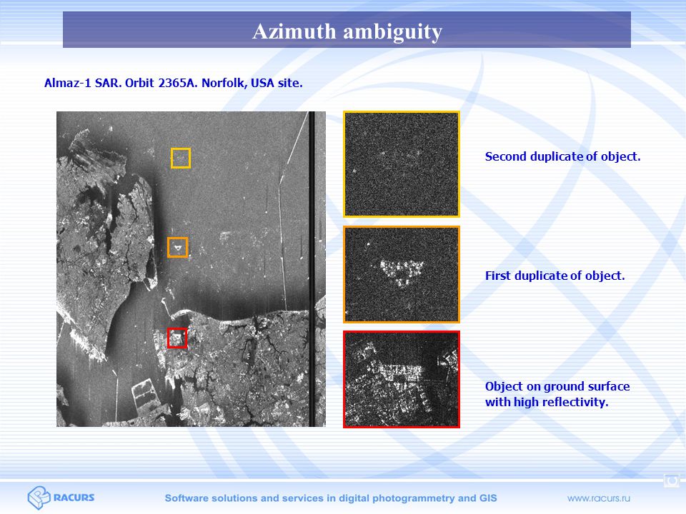 Azimuth ambiguity Almaz-1 SAR. Orbit 2365A. Norfolk, USA site.