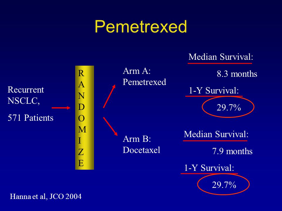 Pemetrexed Median Survival: 8.3 months 1-Y Survival: 29.7% Arm A: