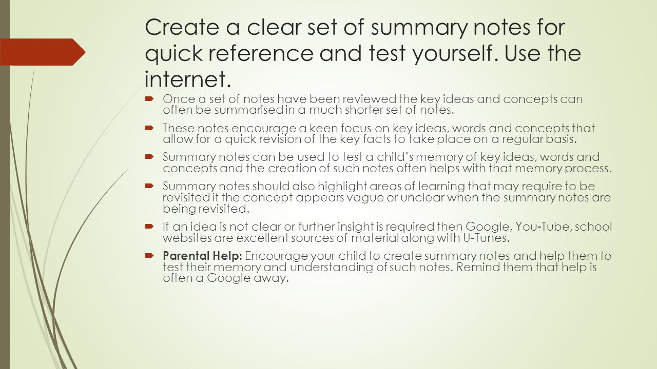 Create a clear set of summary notes for quick reference and test yourself. Use the internet.