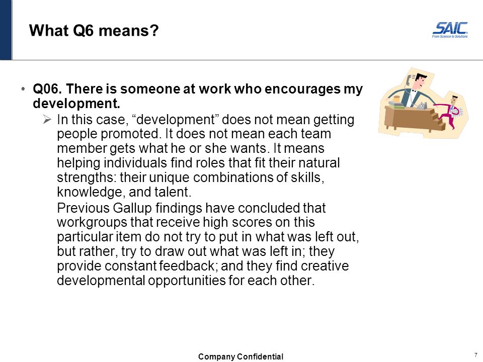 What Q6 means Q06. There is someone at work who encourages my development.