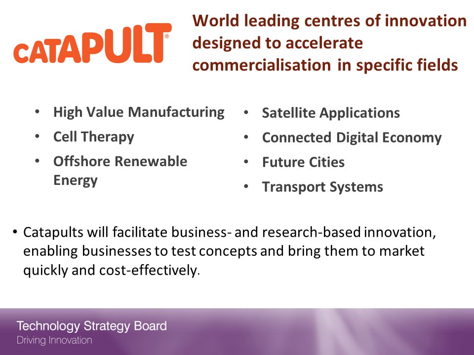World leading centres of innovation designed to accelerate commercialisation in specific fields
