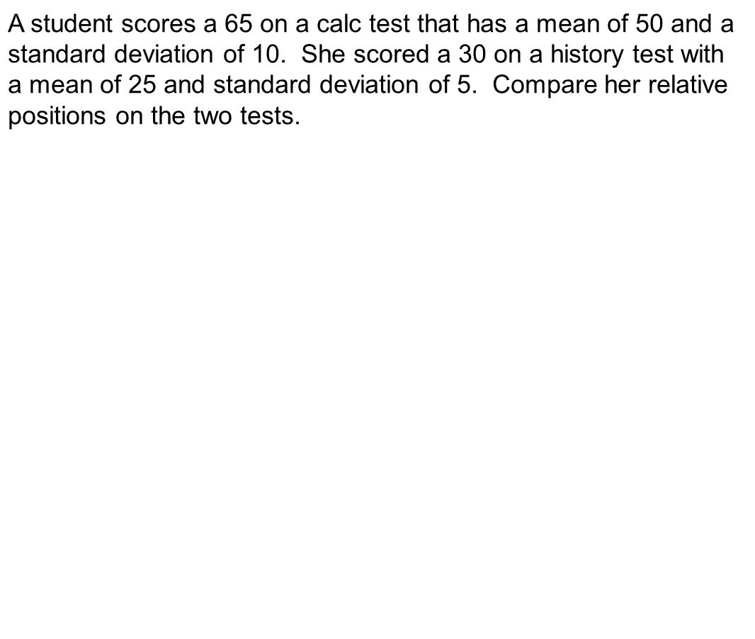 A student scores a 65 on a calc test that has a mean of 50 and a standard deviation of 10.