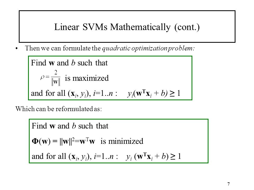 Linear SVMs Mathematically (cont.)