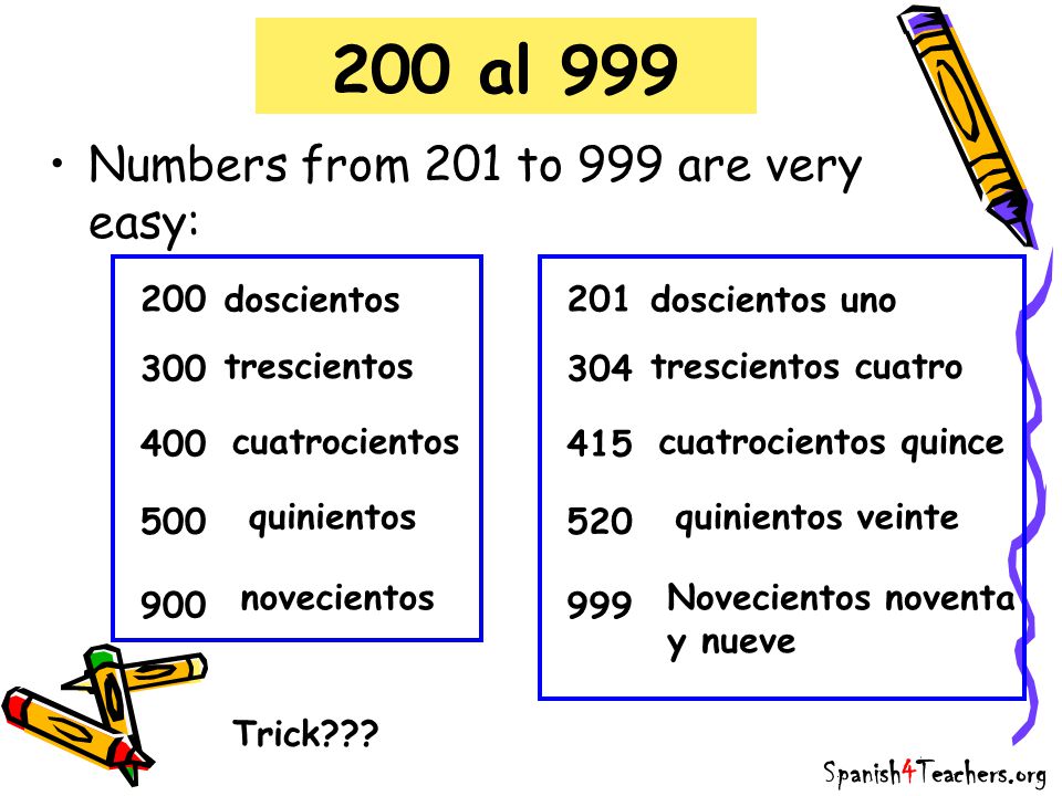 200 al 999 Numbers from 201 to 999 are very easy: 200 doscientos 201