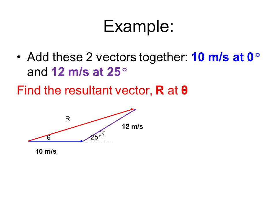 Example: Add these 2 vectors together: 10 m/s at 0º and 12 m/s at 25º