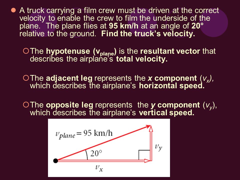 A truck carrying a film crew must be driven at the correct velocity to enable the crew to film the underside of the plane. The plane flies at 95 km/h at an angle of 20° relative to the ground. Find the truck’s velocity.