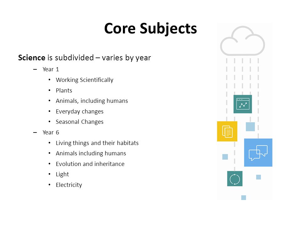 Core Subjects Science is subdivided – varies by year Year 1