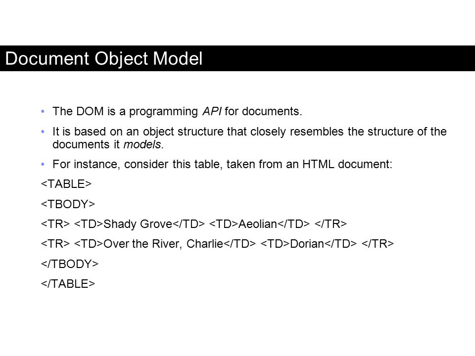 Document Object Model The DOM is a programming API for documents.